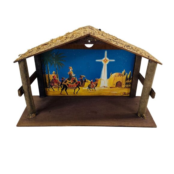 Handcrafted Wooden Nativity Stable With Straw Roof & Colorful Night Scene Backdr - Picture 1 of 6